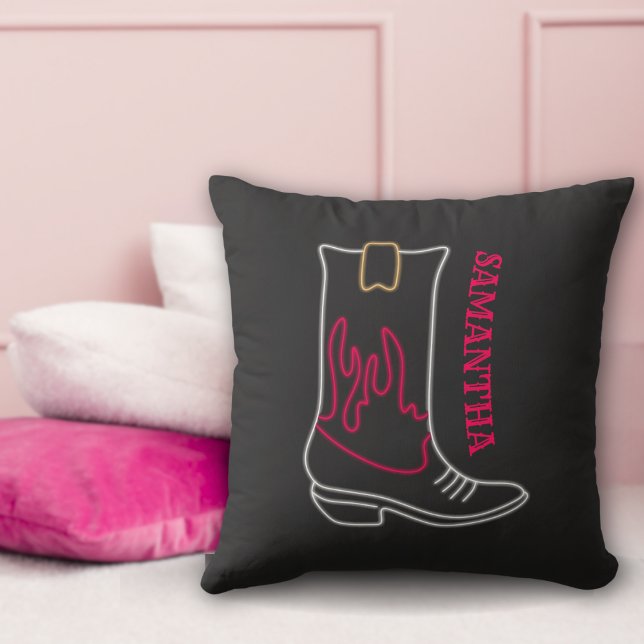 Neon Cowboy Boot Customizable Name Throw Pillow (Creator Uploaded)