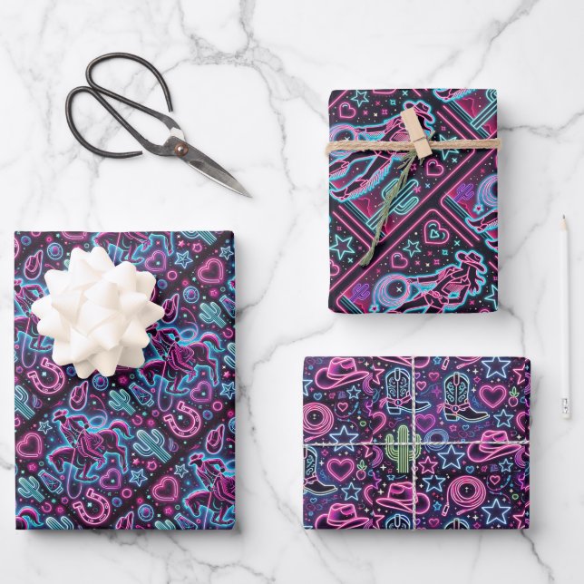 Neon Cowboy & Cowgirl Wrapping Paper Sheet (Front)