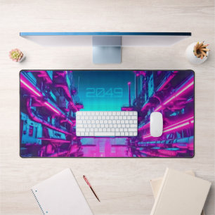 Neon Cyan Magenta Cyberpunk Cityscape Gamer Desk Mat