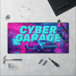 Neon Cyan Magenta Cyberpunk Garage Retro Car Desk Mat<br><div class="desc">Shift your gaming setup or workspace into high gear with this electrifying cyberpunk desk mat. This massive horizontal canvas flawlessly showcases a breathtaking, neon-drenched futuristic garage. At the center sits a sleek, retro-futuristic sports car, bathed in intense magenta and electric cyan lights. The bold, pixelated "CYBER GARAGE" typography hovering above...</div>