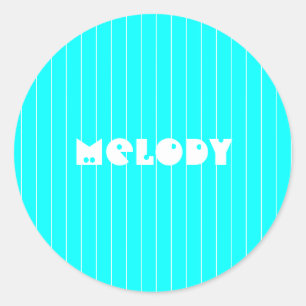 Neon Cyan White Thin Vertical Striped Name Classic Round Sticker