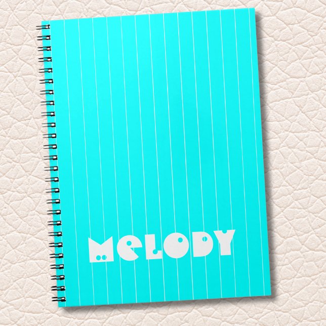 Neon Cyan White Thin Vertical Striped Name Notebook (Creator Uploaded)