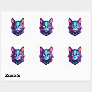 Neon Cyber Cat Classic Round Sticker