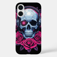 Neon Cyber Death Skull and Roses Black