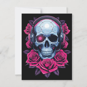 Neon Cyber Death Skull and Roses Black Postcard