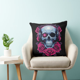 Neon Cyber Death Skull and Roses Black Throw Pillow