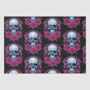 Neon Cyber Death Skull and Roses Black Tissue Paper
