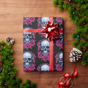 Neon Cyber Death Skull and Roses Black Wrapping Paper