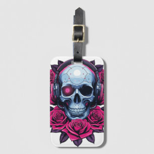 Neon Cyber Death Skull and Roses White Luggage Tag