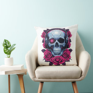 Neon Cyber Death Skull and Roses White Throw Pillow