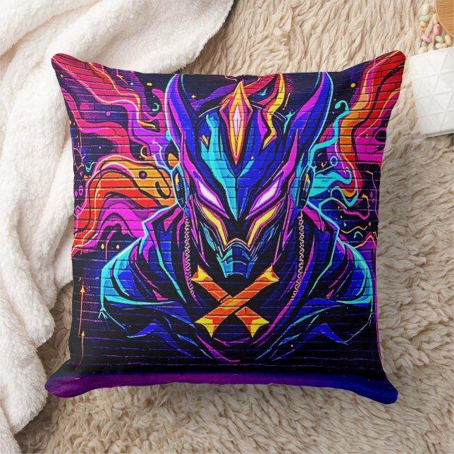 Neon Cyber Guardian Art Throw Pillow (Blanket)