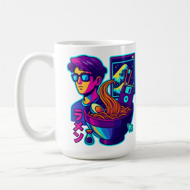 Neon Cyber Ramen – Vaporwave Retro Aesthetic Art Coffee Mug (Left)