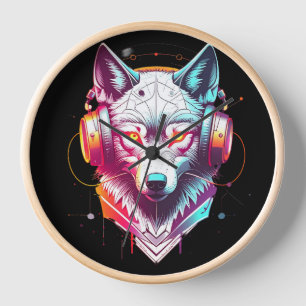 Neon Cyber Wolf Headphones Y2K Clock