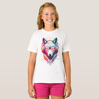 Neon Cyber Wolf Headphones Y2K T-Shirt