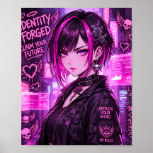 Neon Cyberpunk Anime Girl "Identity Forged" Poster