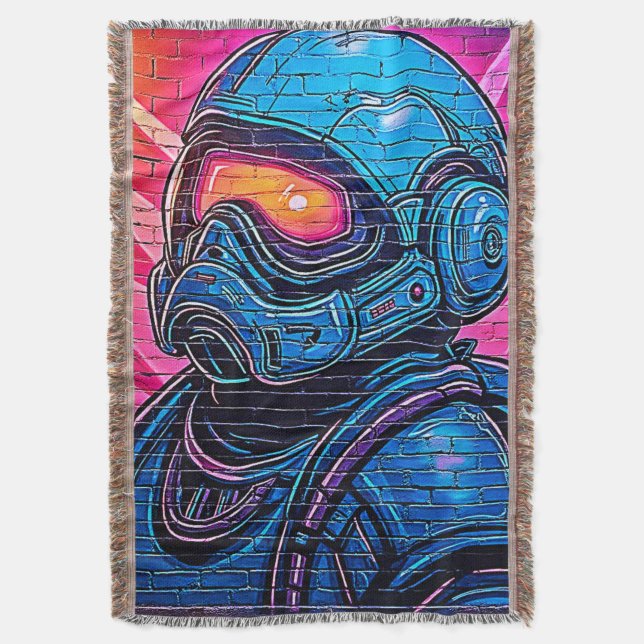 Neon Cyberpunk Astronaut Throw Blanket (Front Vertical)