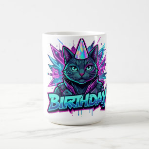 Neon Cyberpunk Cat Birthday Party Graphic Coffee Mug