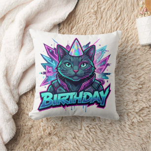 Neon Cyberpunk Cat Birthday Party Graphic Throw Pillow