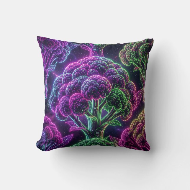 Neon Cyberpunk Cauliflower Galaxy Throw Pillow (Front)