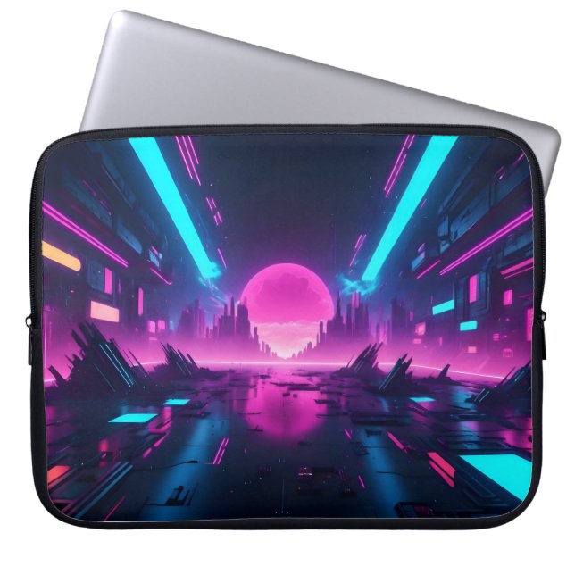 Neon Cyberpunk Cityscape Synthwave Retro Tech Laptop Sleeve (Front)
