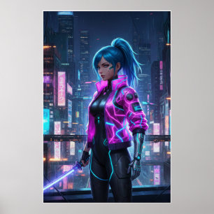 Neon Cyberpunk Girl Futuristic City Warrior Poster