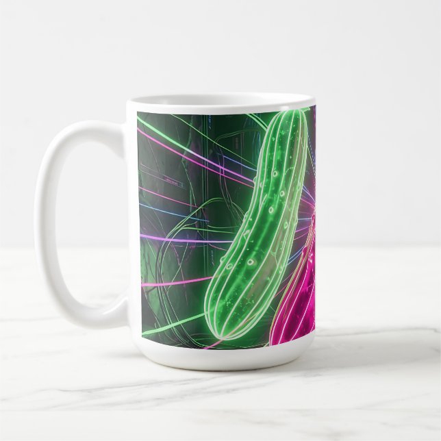 Neon Cyberpunk Glowing Cucumbers Coffee Mug (Left)