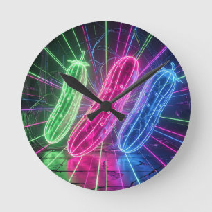 Neon Cyberpunk Glowing Cucumbers Round Clock
