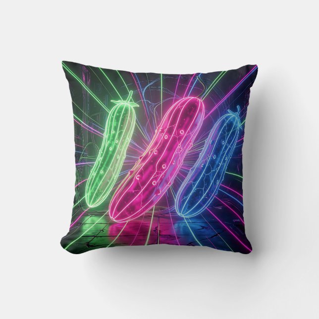 Neon Cyberpunk Glowing Cucumbers Throw Pillow (Front)