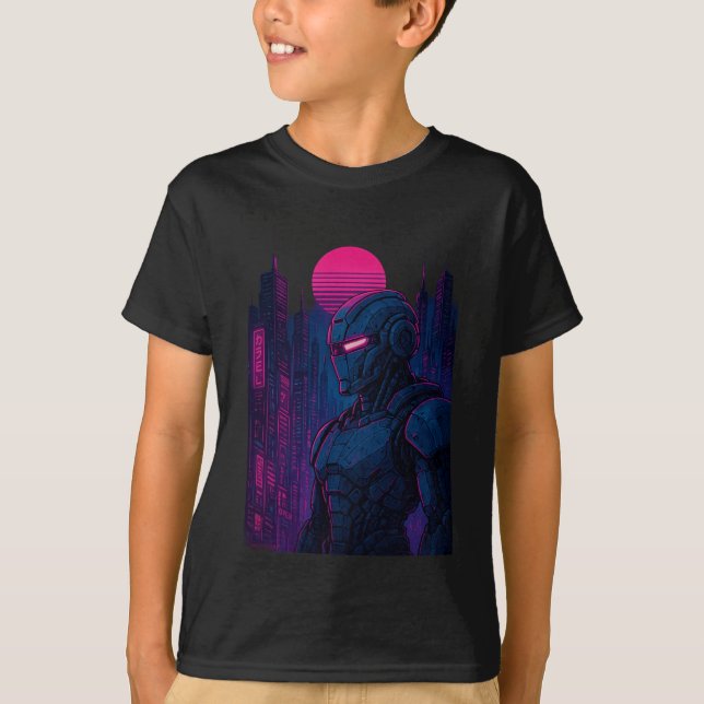 Neon Cyberpunk Robot Cityscape — Dreamframe_U8O Ed T-Shirt (Front)