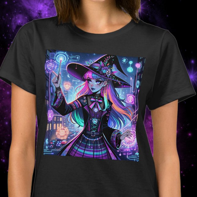Neon Cyberpunk Tech Witch - Futuristic Art Design T-Shirt (cyberpunk, witch, tech, cyber, wiccan, pagan, neon, media, synthwave, t-shirt, tee, gift, teen)