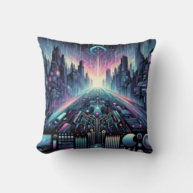 Neon Cyberworld Throw Pillow (Front)
