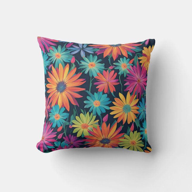 Neon Daisy Flowers Throw Pillow (Front)