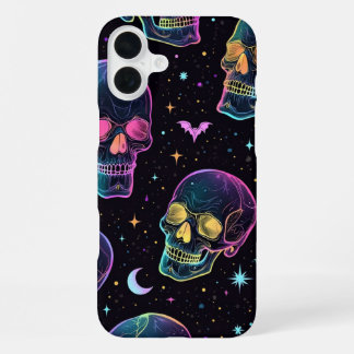Neon dark colourful laughing skull iPhone 16 plus case