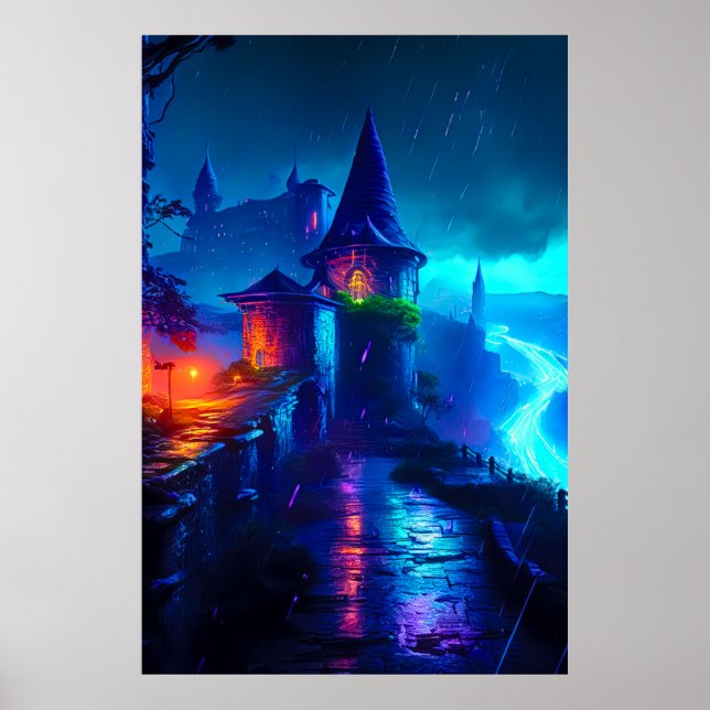 Neon Dark Fantasy Castle Cyberpunk River Poster (Front)