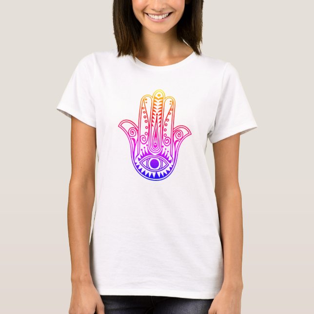 Neon design Hamsa Main sur le t-shirt femme. (Devant)