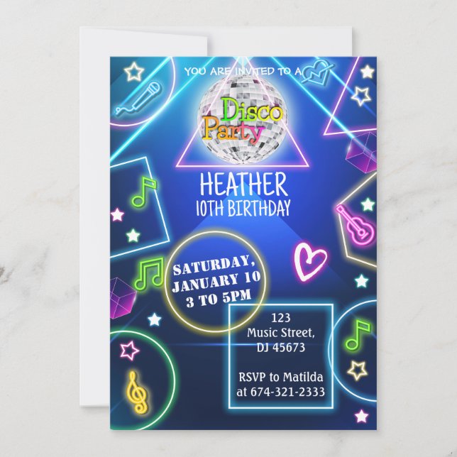 Neon Disco Party Invitation  (Front)