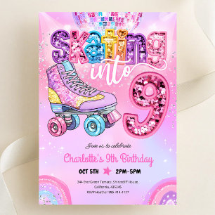 Neon Disco Roller Skating 9th Birthday Invitation
