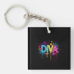 Neon Diva Graffiti Collage with Dripping Paint on  Keychain