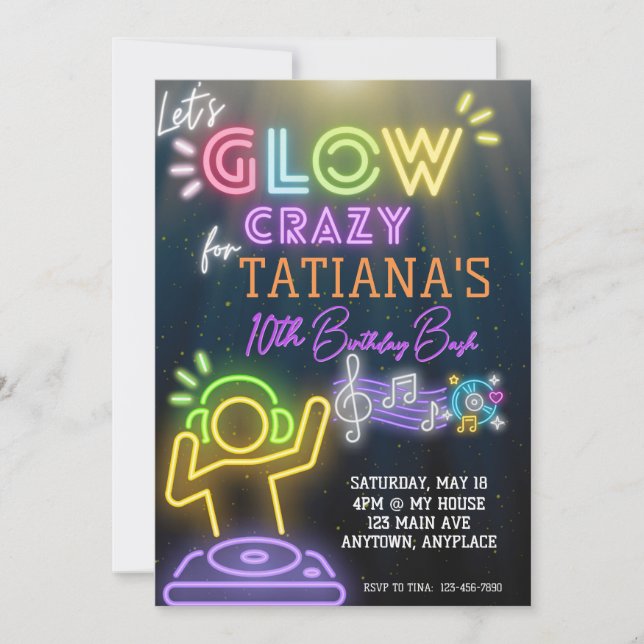 Neon DJ Glow Party Birthday Invitation (Front)