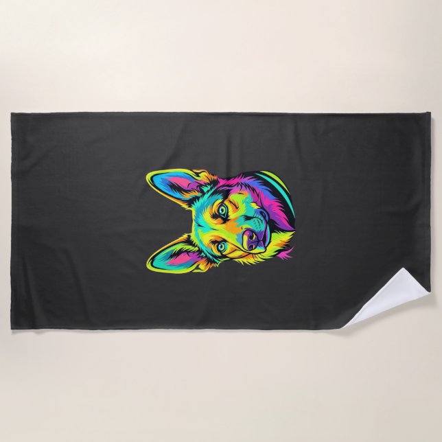 Neon Dog Colourful Vector Portrait Beach Towel (Front)