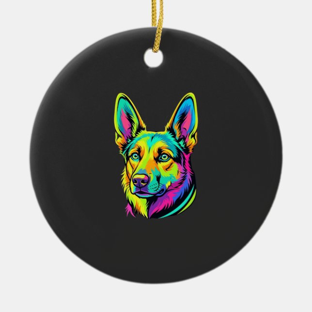 Neon Dog Colourful Vector Portrait Ceramic Ornament (Front)