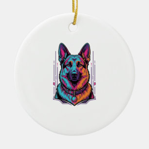 Neon Dog Portrait Vintage Engraving Graphic_1 Ceramic Ornament