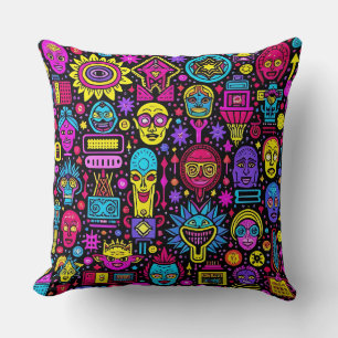 Neon Doodle Faces – Vibrant Street Art Pattern Throw Pillow