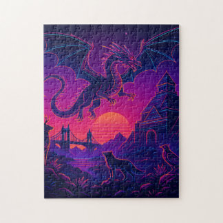 Neon Dragon Realm – Synthwave Fantasy Landscape Jigsaw Puzzle