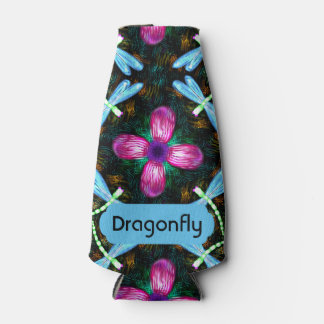 Neon Dragonflies Pink Flower Black Shimmer Pattern Bottle Cooler