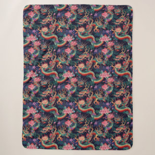 Neon Dragons and Flowers Sherpa Blanket