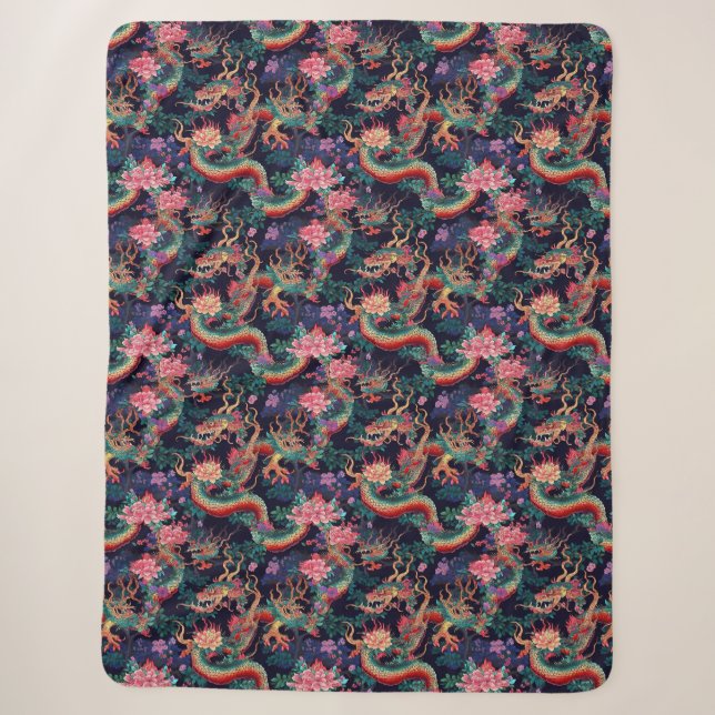 Neon Dragons and Flowers Sherpa Blanket (Front)