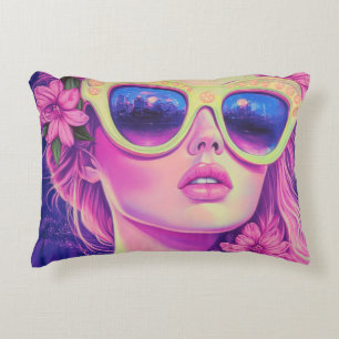 Neon Dream Girl with Floral Sunglasses Accent Pillow