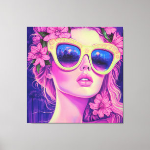 Neon Dream Girl with Floral Sunglasses Canvas Print