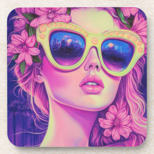 Neon Dream Girl with Floral Sunglasses Coaster